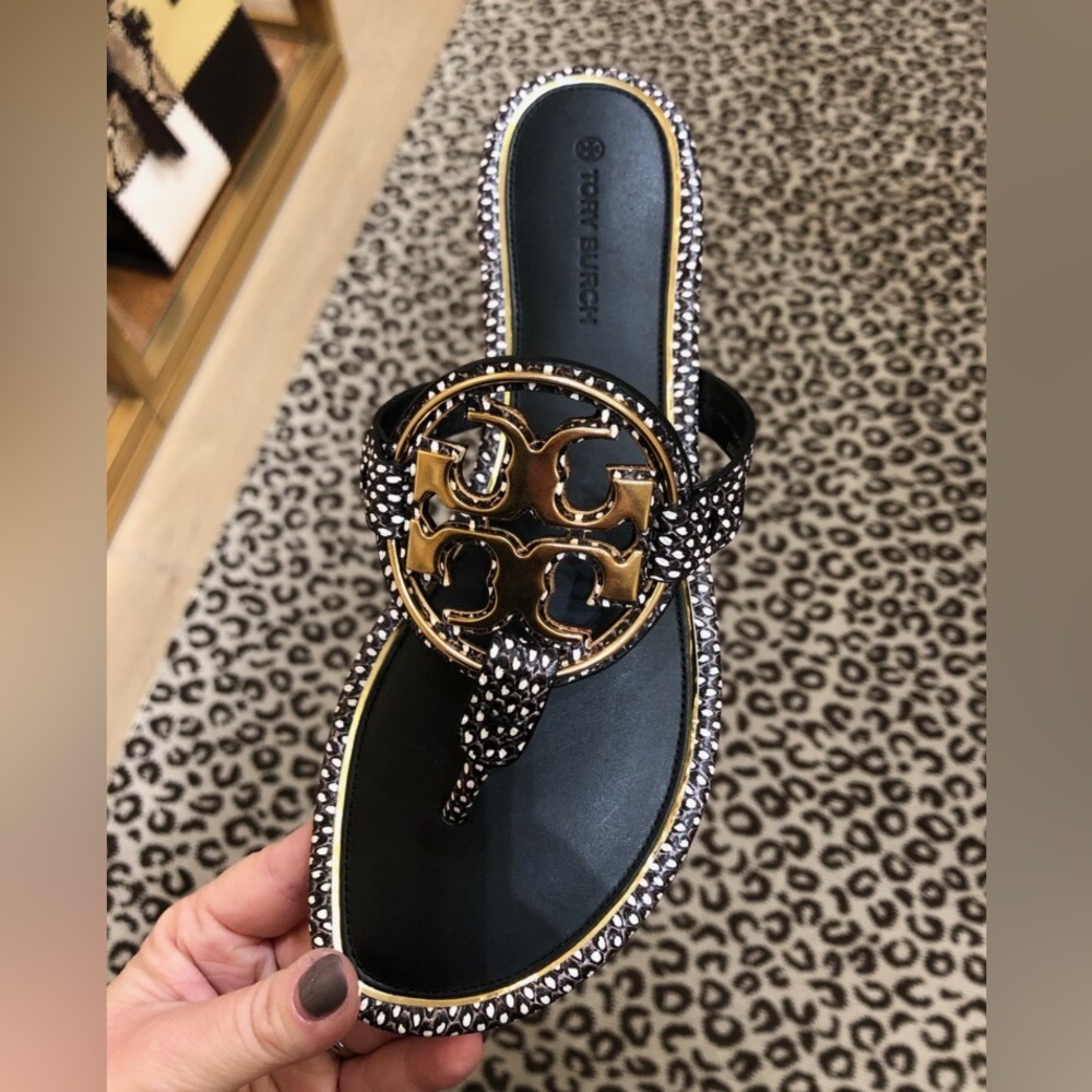 Tory Burch Black and White Spotted Snake Embossed Miller Sandals